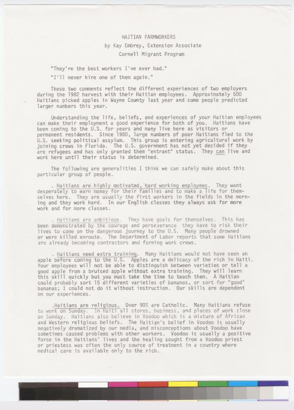 Article "Haitian Farmworkers," by Kay Embrey, Cornell Migrant Program, 1983 page 1