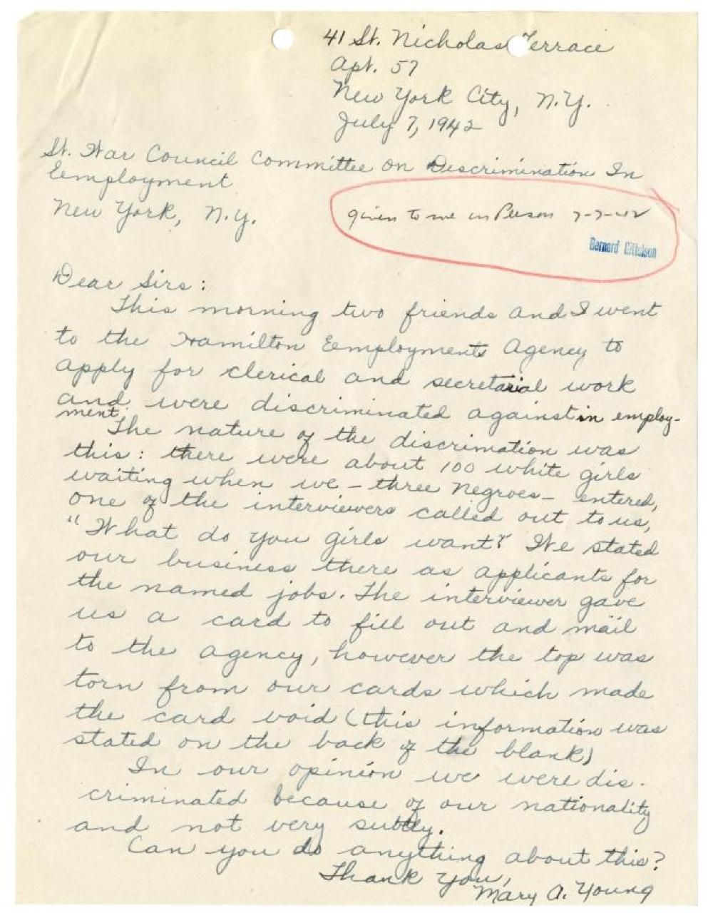 Letter from Mary A. Young to NYS War Council, Committee on Discrimination in Employment, 1942 page 1
