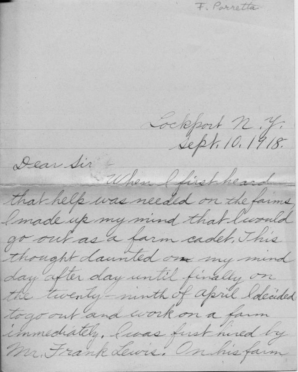 Francis Paretta's Farm Cadet Essay, World War I, September 10, 1918 page 1