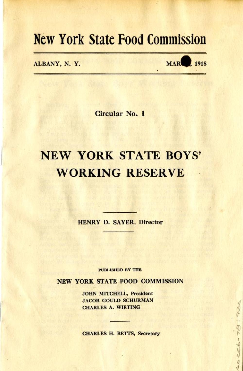 "New York State Boys' Working Reserve" Pamphlet, World War I, March 1918 page 1