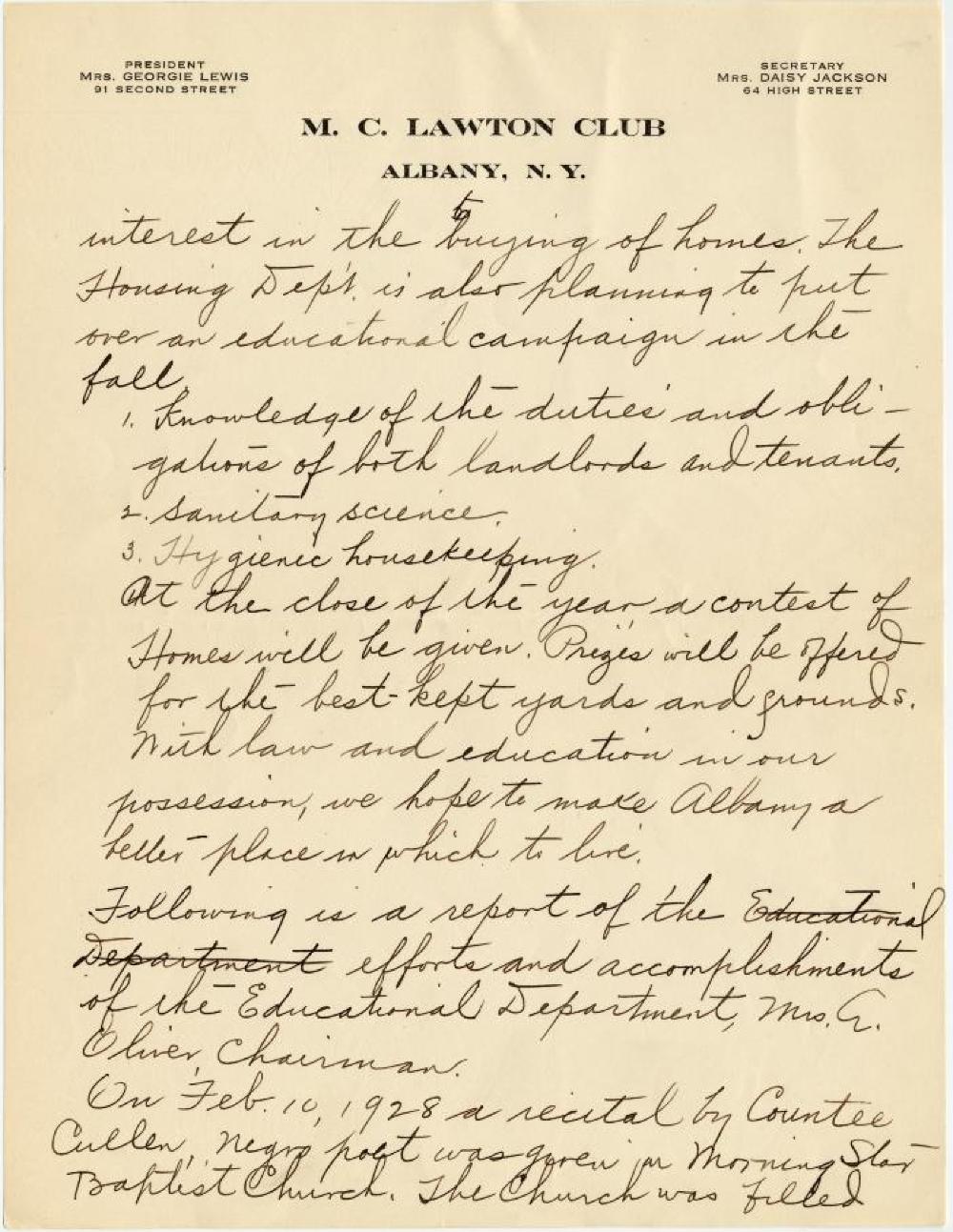 Annual Report of the M.C. Lawton Civic and Cultural Club, February 10, 1918 page 1