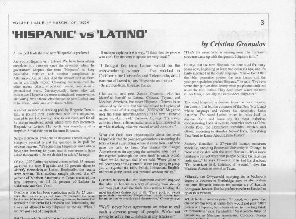 "Hispanic" vs "Latino" Article, CNY Latino, 2004 page 1