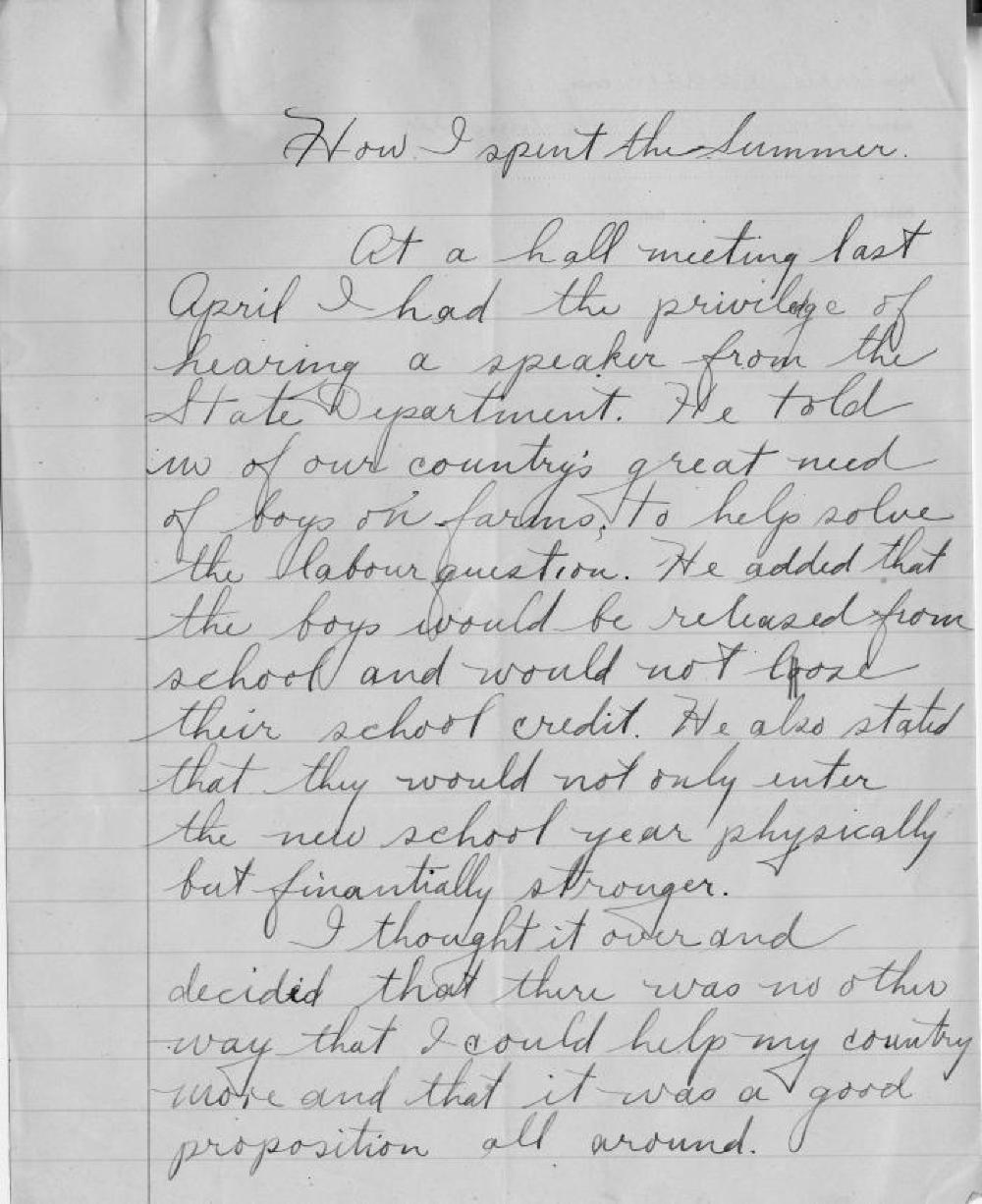Donald Jamieson's Farm Cadet Essay, World War I, c. 1918 page 1
