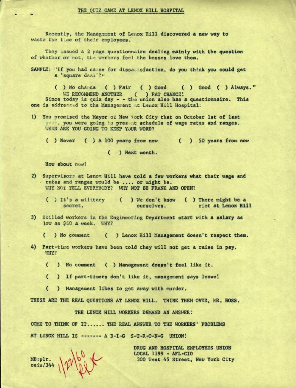 The Quiz Game at Lenox Hill Hospital, Drug and Hospital Employees Union 1190, 1960 page 1