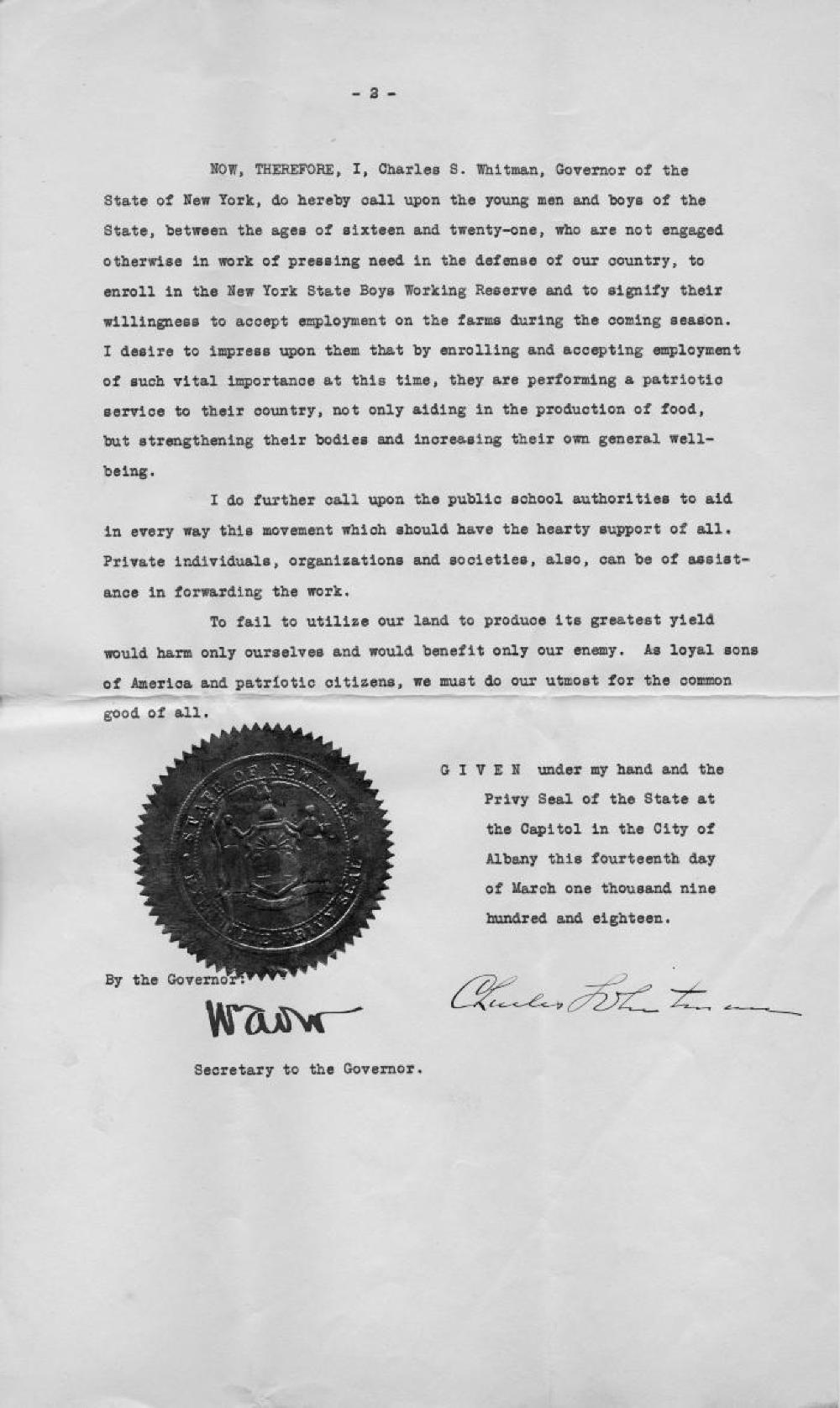 Governor Whitman's Proclamation about the New York State Boys Working Reserve, March 14, 1918 page 2