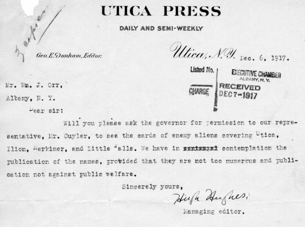 Request for Names of Noncitizen Enemies in Utica, December, 1917 page 1