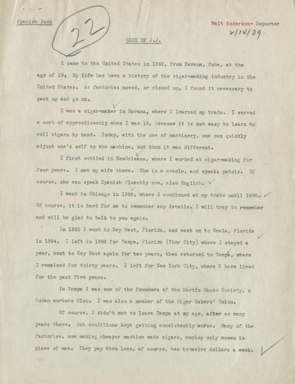 Federal Writer's Project Interview, Case of "J.J.," with a Male Immigrant from Havana, Cuba, 1939 page 1