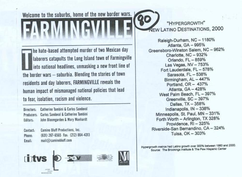 Postcard for the Documentary "Farmingville," Growth of Latino Populations in U.S. Cities, 2000 page 1