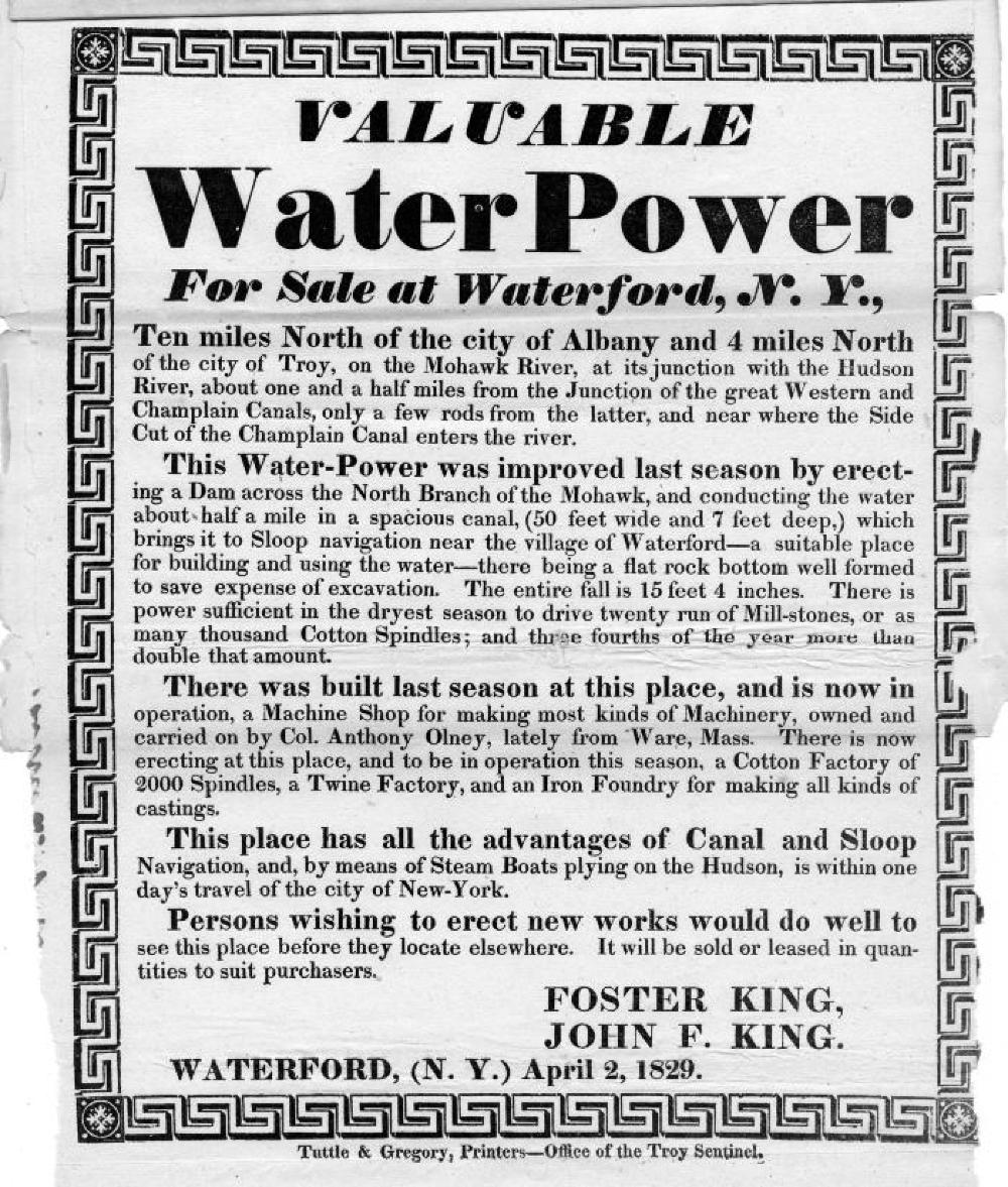 Valuable Water Power for Sale at Waterford, NY, 1829 page 1