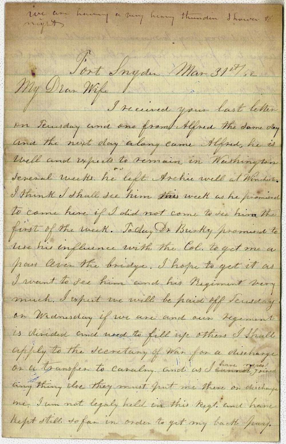 Letter from Elijah Penny to his wife; March 31, 1862 page 1