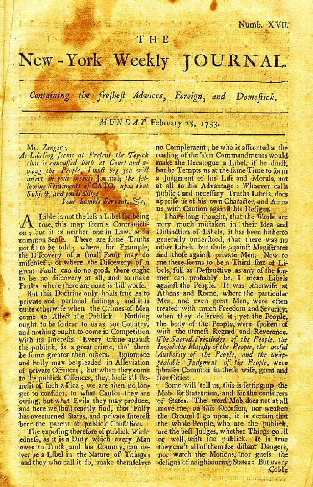 The New-York Weekly Journal (Zenger),  February 18, 1733 page 1