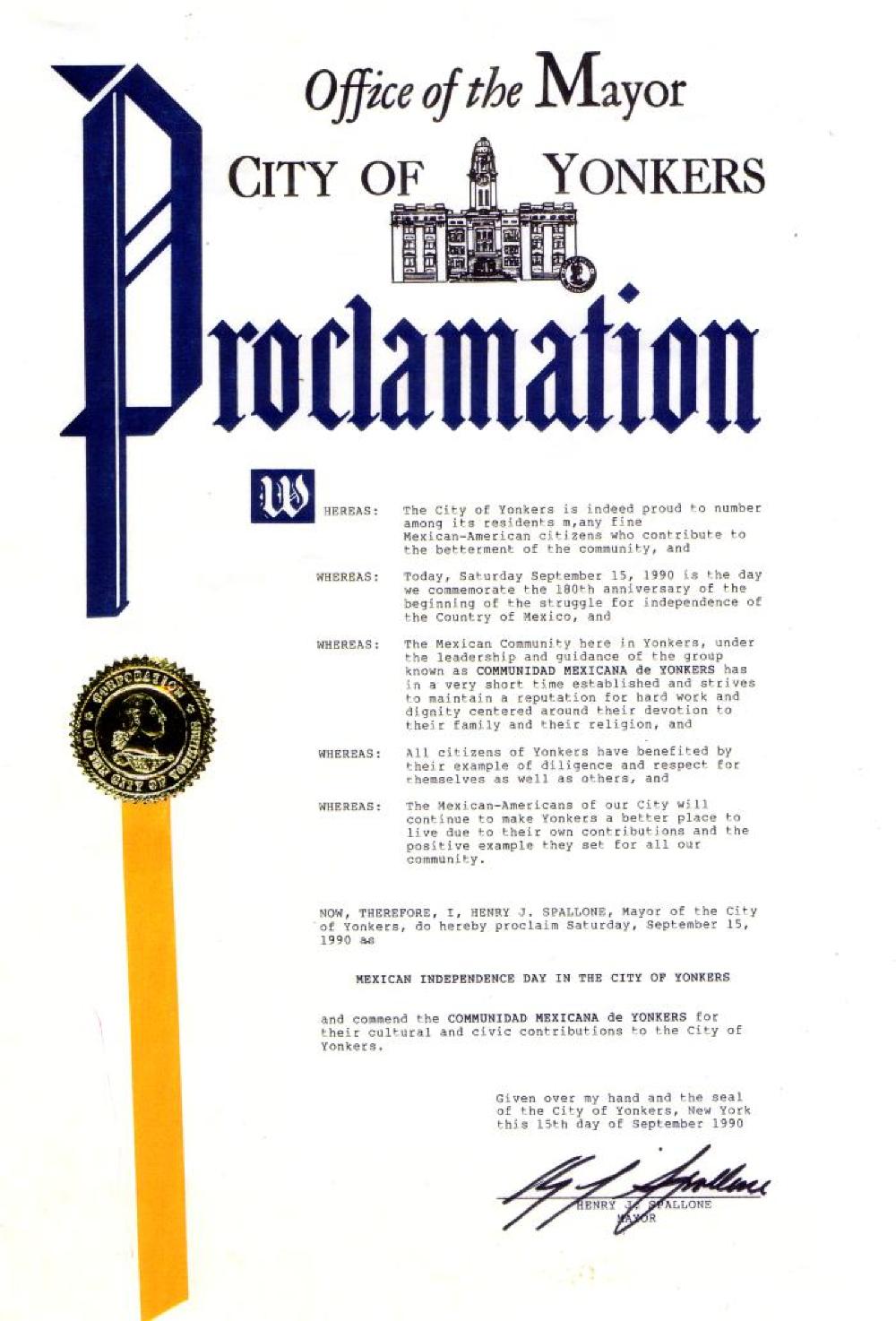 Yonkers City Council Proclamation of Mexican Independence Day, 1992 page 1