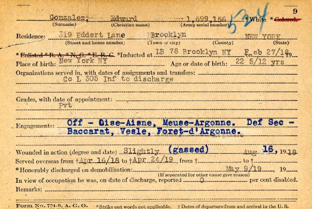 World War I Service Record for Edward Gonzalez, c. 1920 page 1