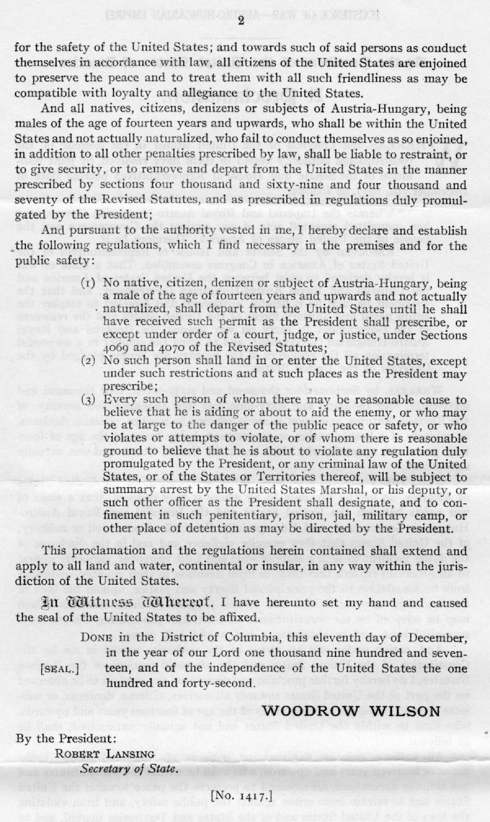 War with Austria-Hungary, A Proclamation by President Woodrow Wilson, December 11, 1917 page 2