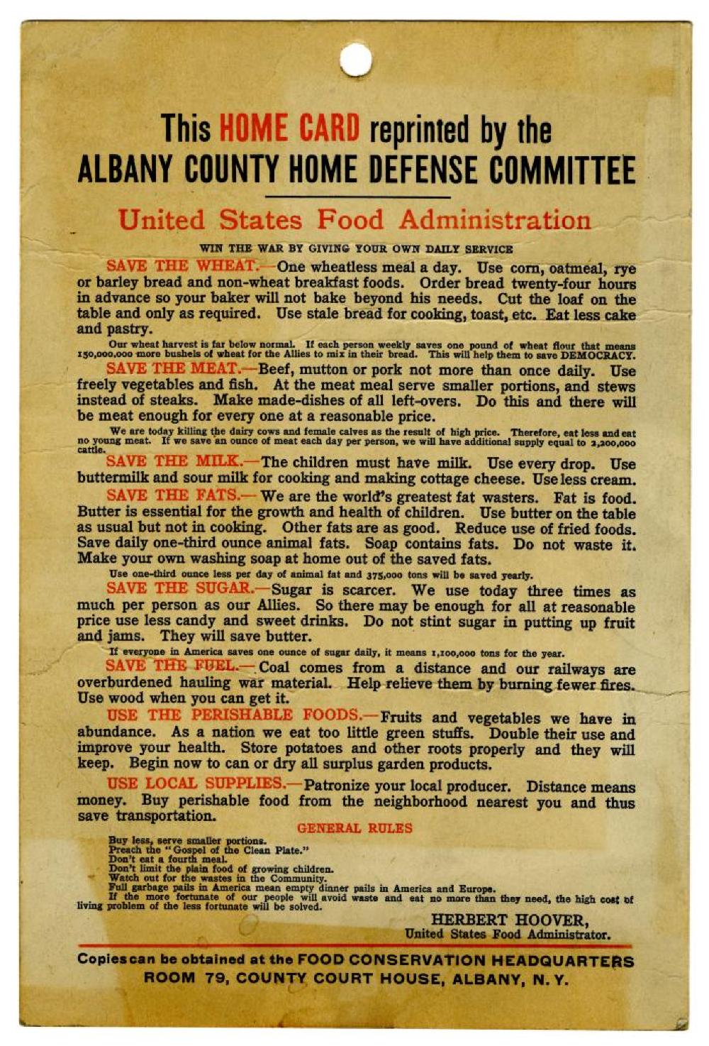 Home Card, World War I Albany County Home Defense Committee, c. 1917 page 2