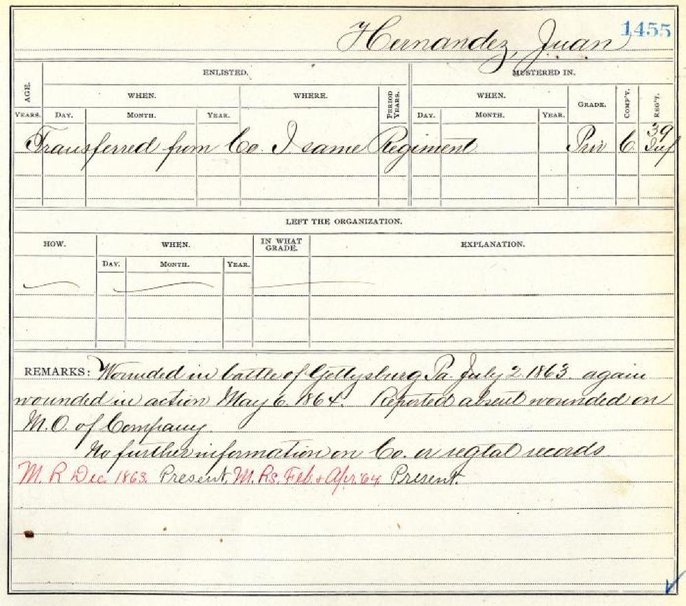 Civil War Muster Roll Abstract for Juan Hernandez, c. 1864 page 1