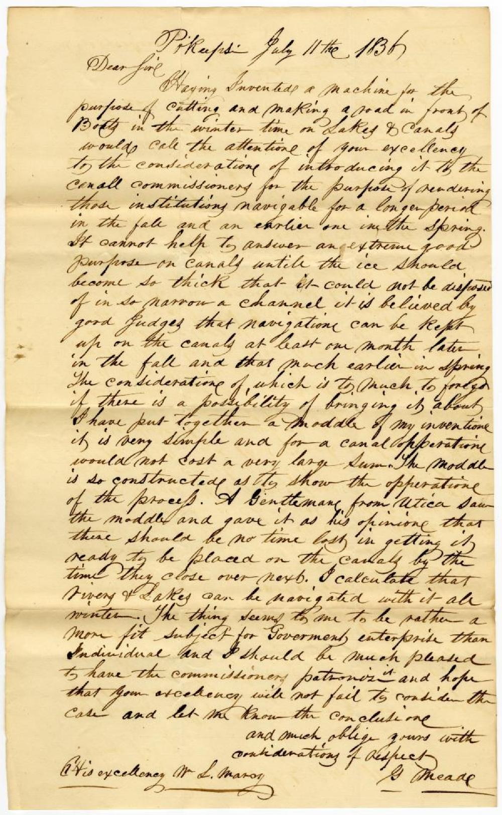 Letter from George Meade to the Erie Canal Board, 1836 page 1