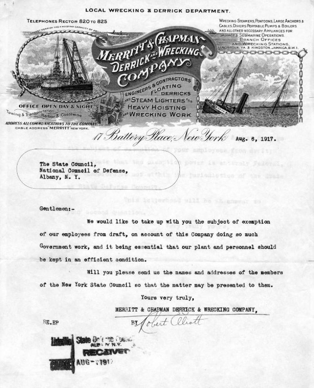 Letter to the National Council of Defense from the Merritt & Chapman, Derrick & Wrecking Company Inquiring about Draft Exemptions for Employees, World War I, August 6, 1917 page 1