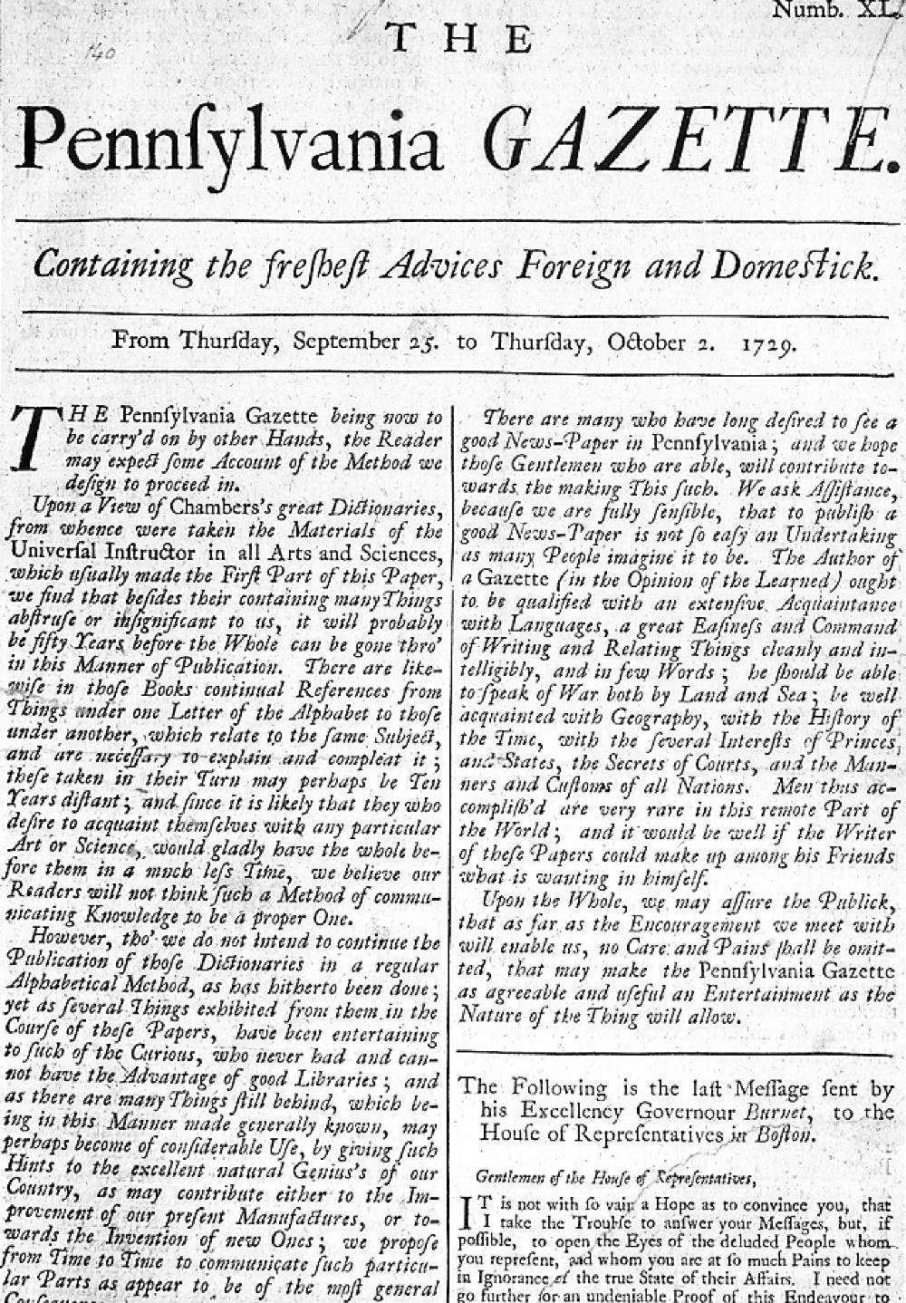 Title Page of the Pennsylvania Gazette, 1729 page 1