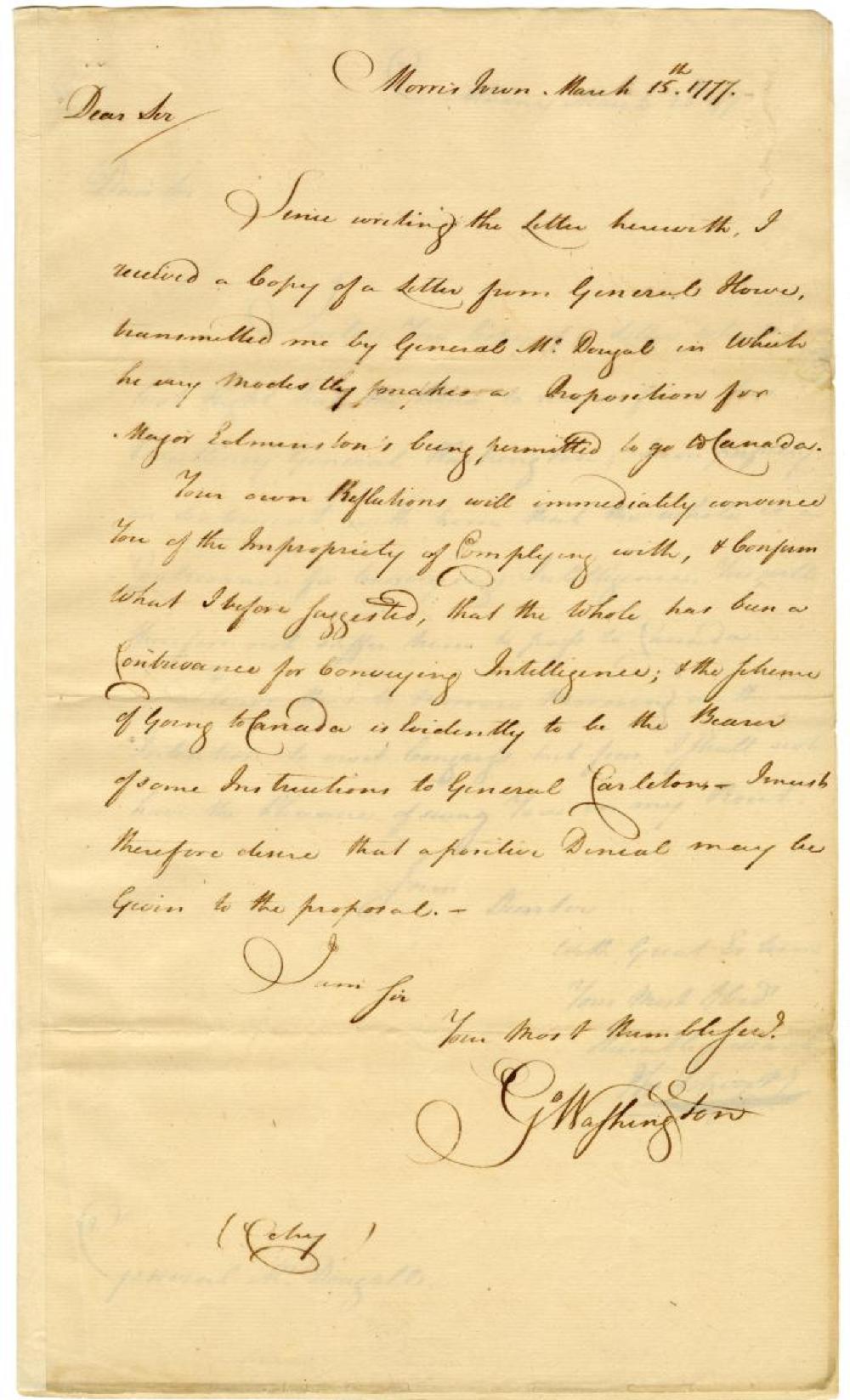George Washington Letter, "Contrivance for conveying Intelligence," March 15, 1777 page 1