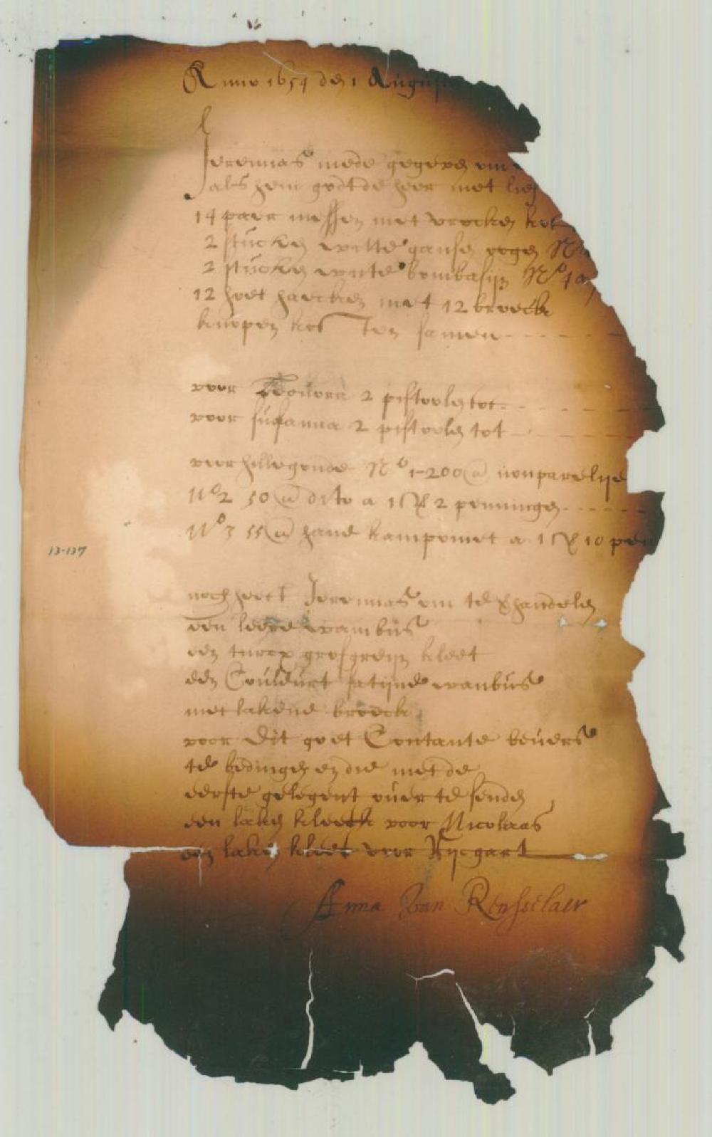 Invoice Listing Goods Shipped from Amsterdam to New Netherland, July 21, 1654 and August 1, 1654 page 1