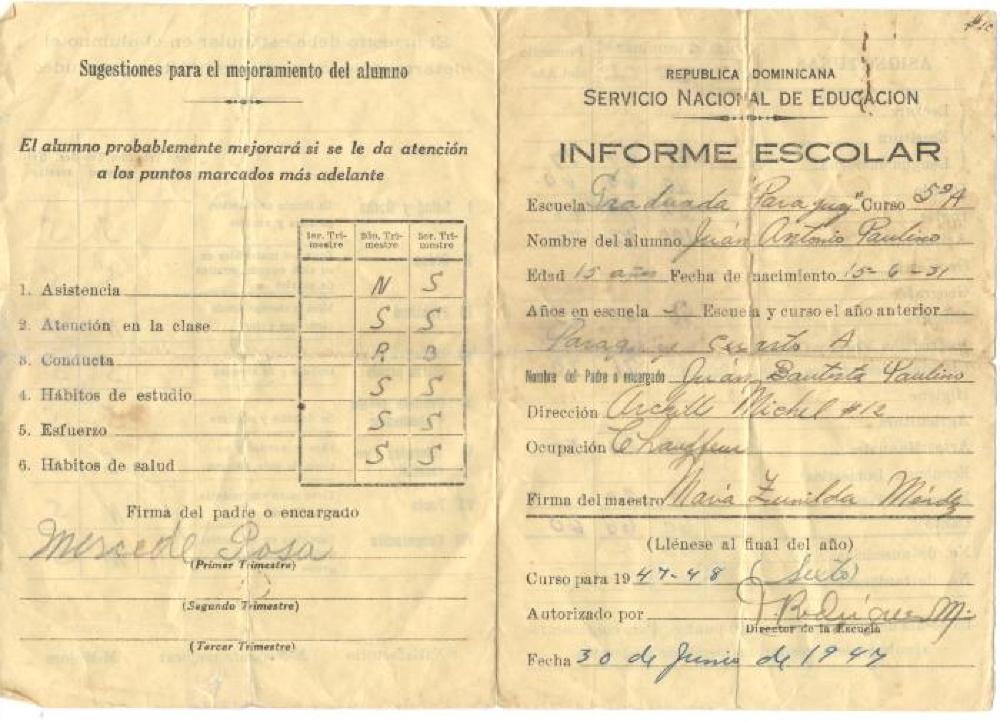 Report Card of Juan Paulino from Dominican Republic, 1947 page 1
