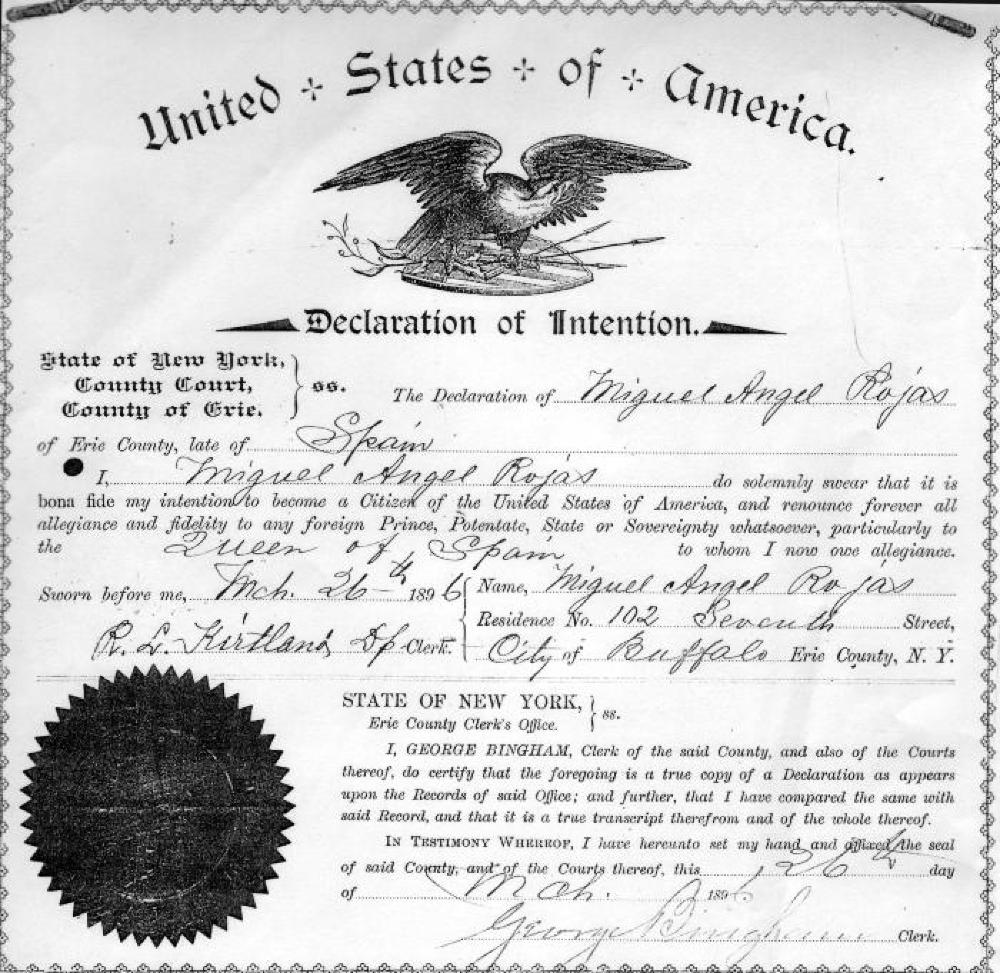 Declaration of Intention for Miguel Angel Rojas, Buffalo, 1896 page 1