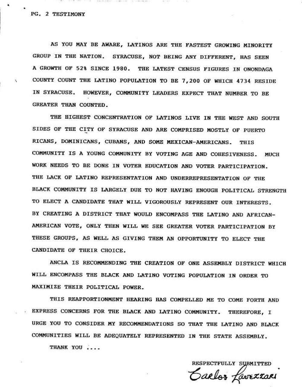 Association for Neighbors Concerned for Latino Advancement (ANCLA), Legislative Testimony, Syracuse, 1991 page 2