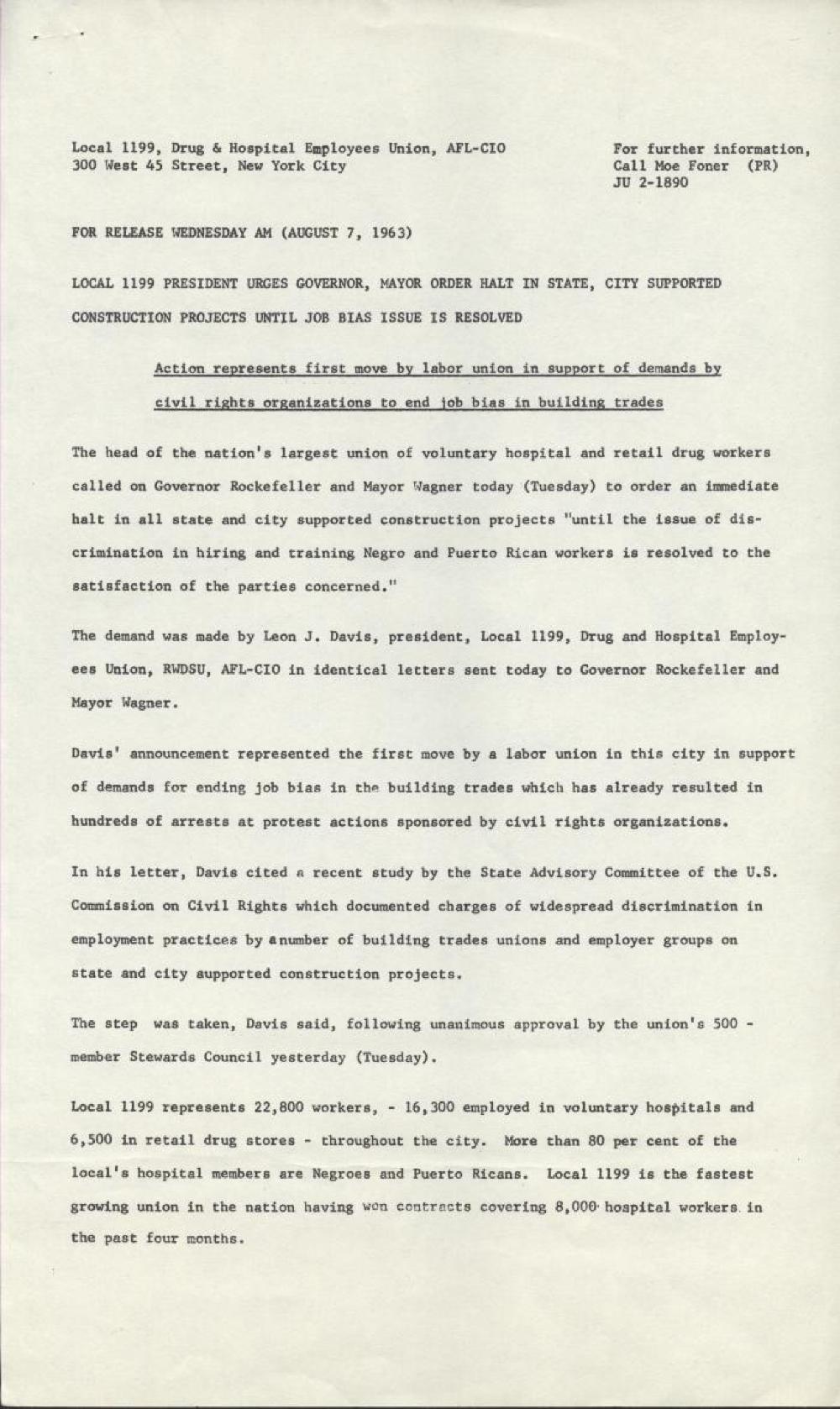 Drug & Hospital Employee Union, Local 1199, End Job Bias in New York City Building Trades, 1963 page 1