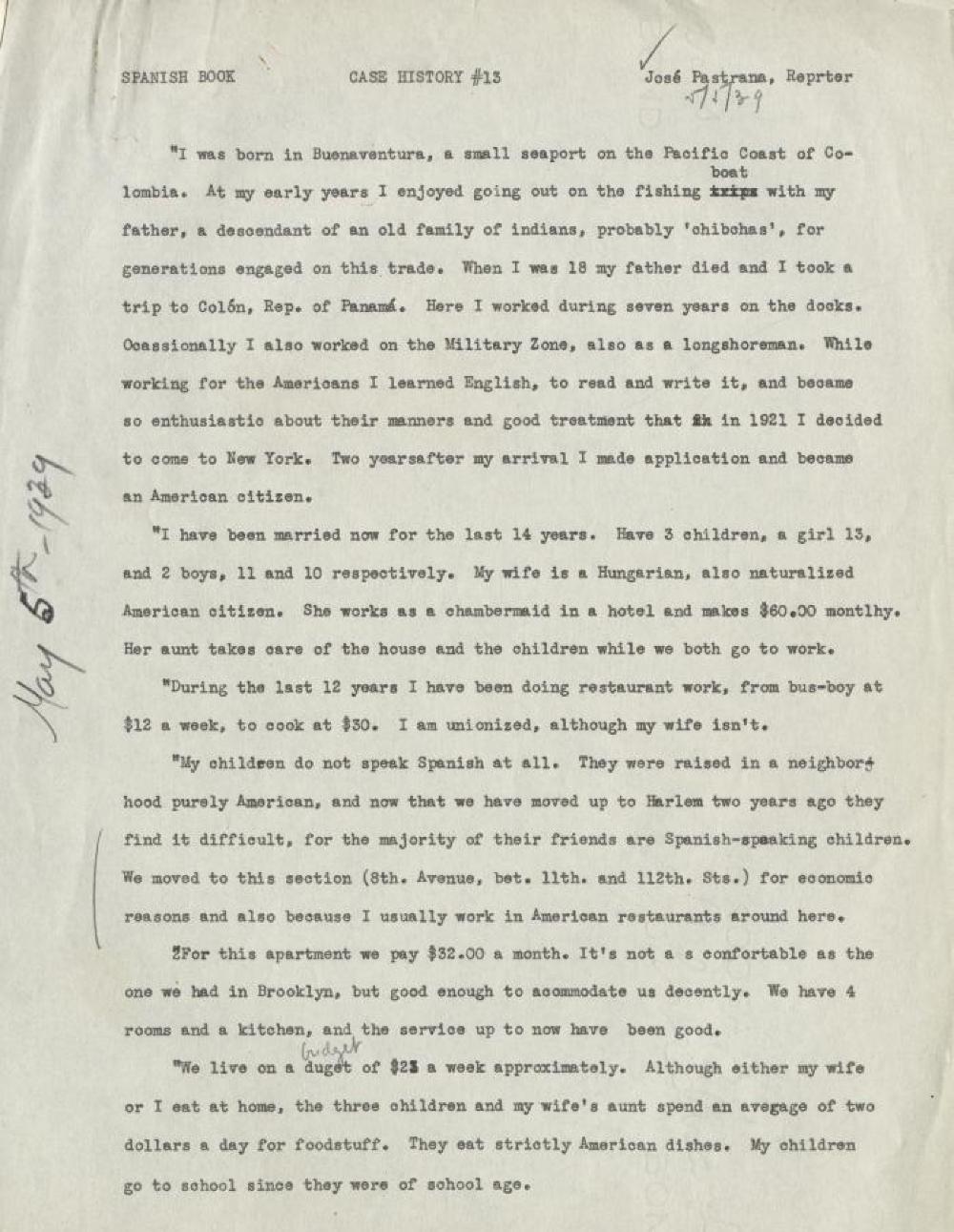 Federal Writer's Project Interview, Case #13, with a Male Immigrant from Buenaventura, Colombia, 1939 page 1