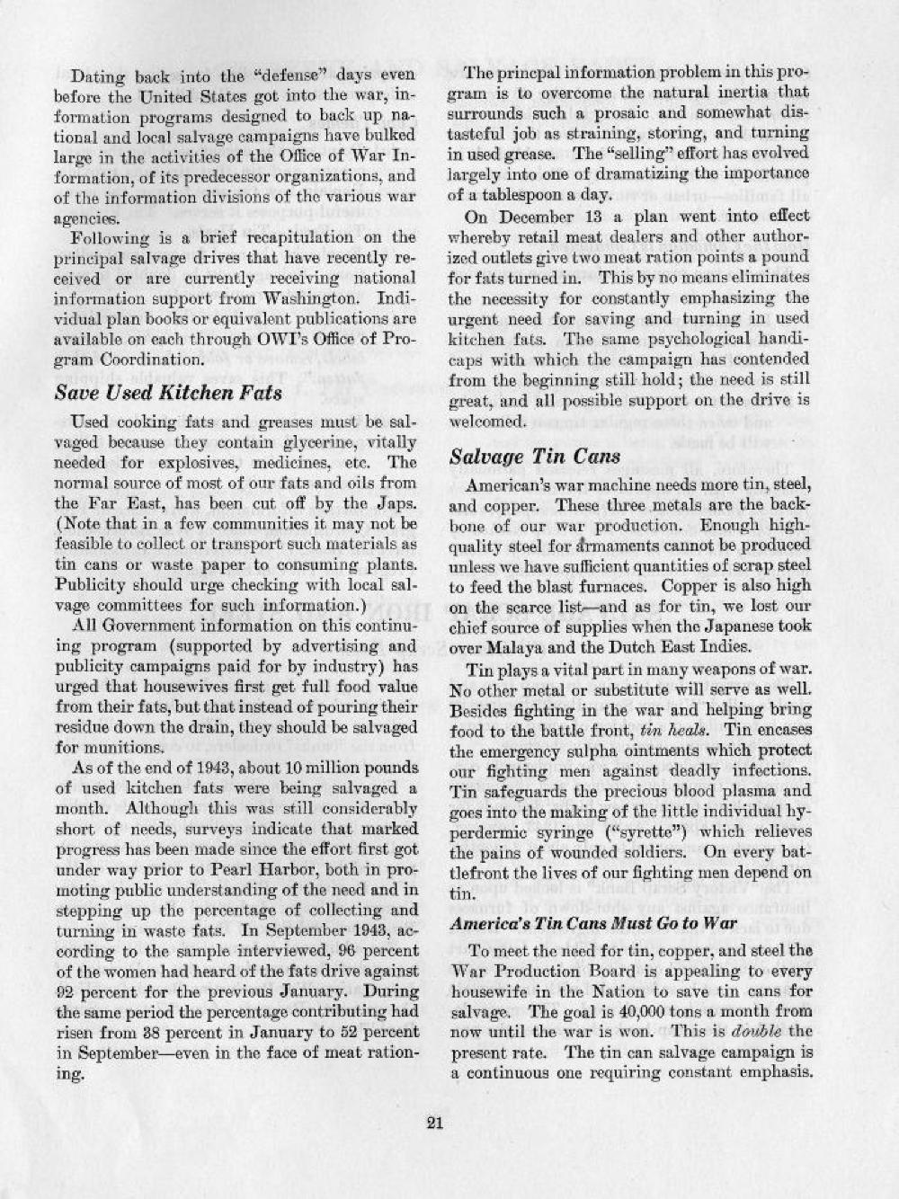 Save Used Kitchen Fats, Fight Waste Booklet, page 21, 1944 page 1
