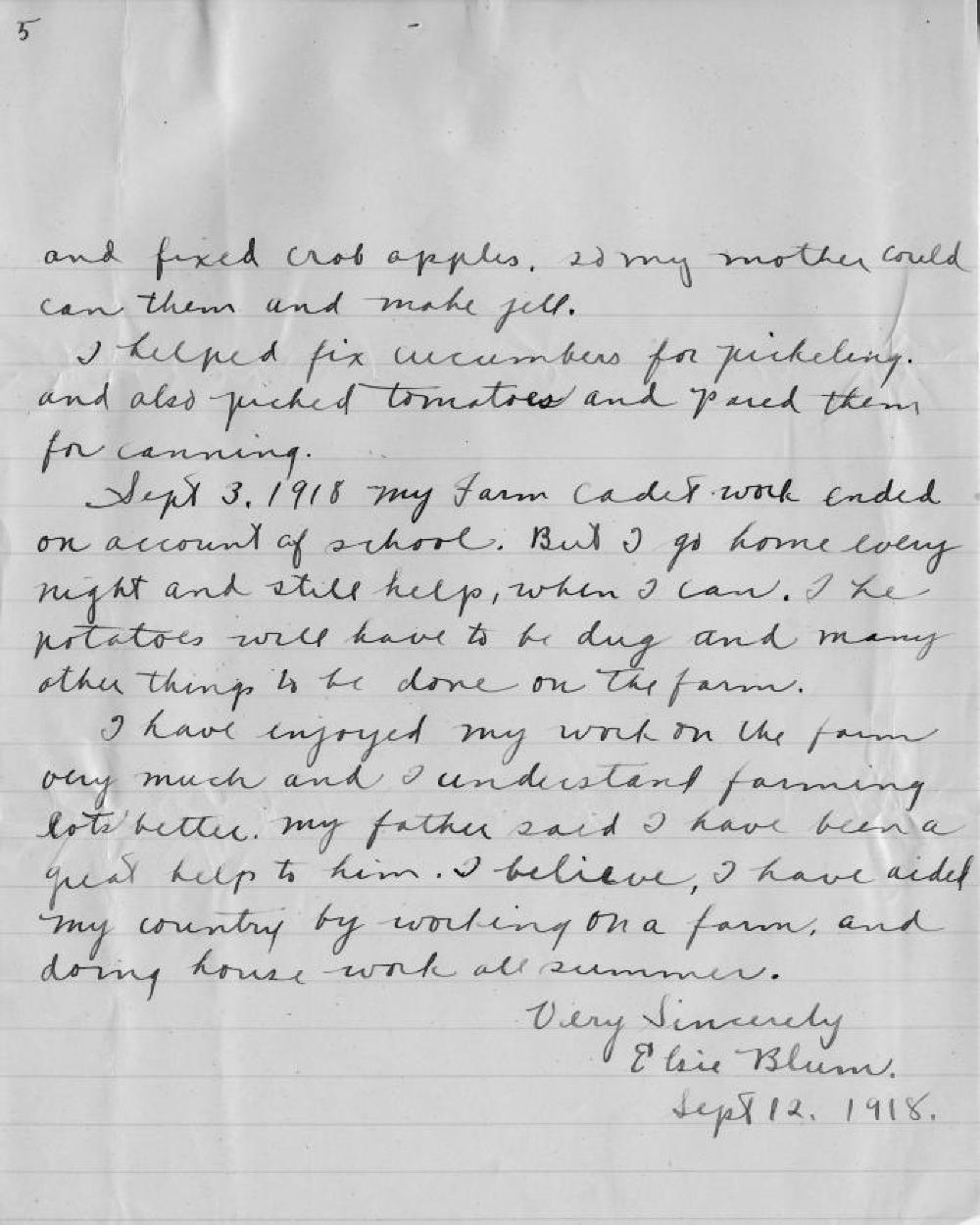 Elsie Blum's Farm Cadet Essay, World War I, September 12, 1918 page 5