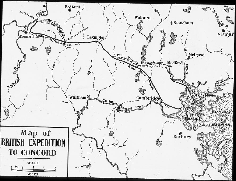 Map of British Expedition to Concord, American Revolution, Map Created c. 1911 page 1