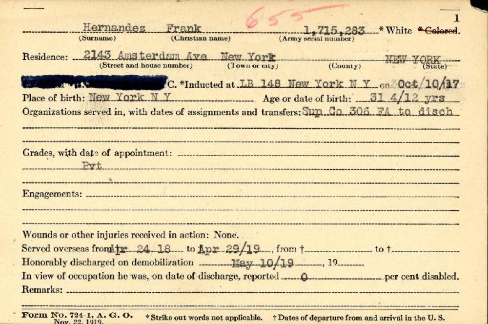 World War I Service Record for Frank Hernandez, c. 1919 page 1