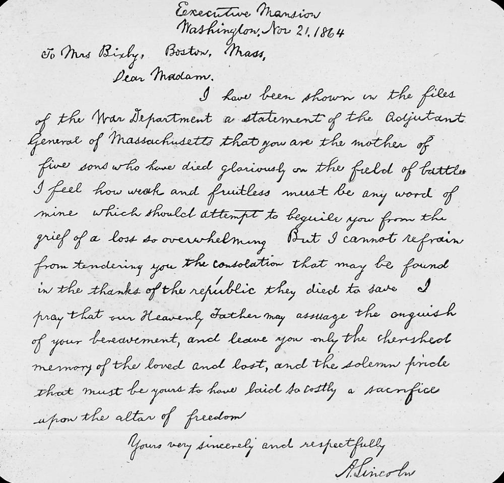 Condolence Letter Written by President Lincoln, 1864 page 1