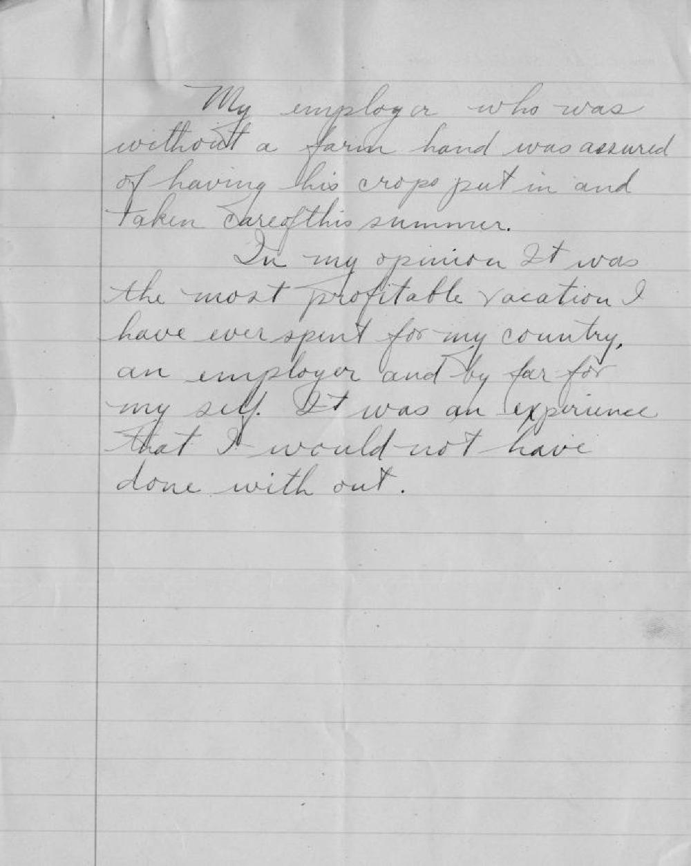 Donald Jamieson's Farm Cadet Essay, World War I, c. 1918 page 3