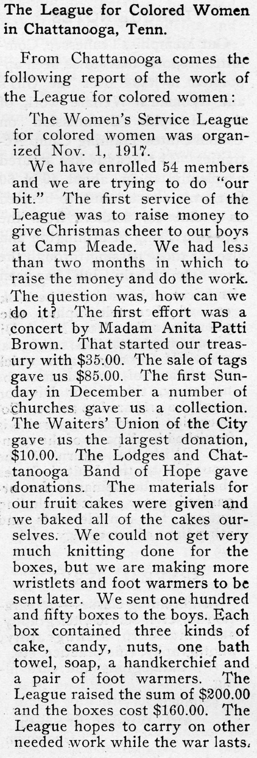 League for Colored Women, Chattanooga, TN, World War I, n.d. page 1
