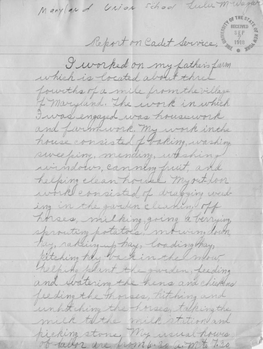 Lulu Wagar, Farm Cadet Essay, World War I, c. 1918 page 1