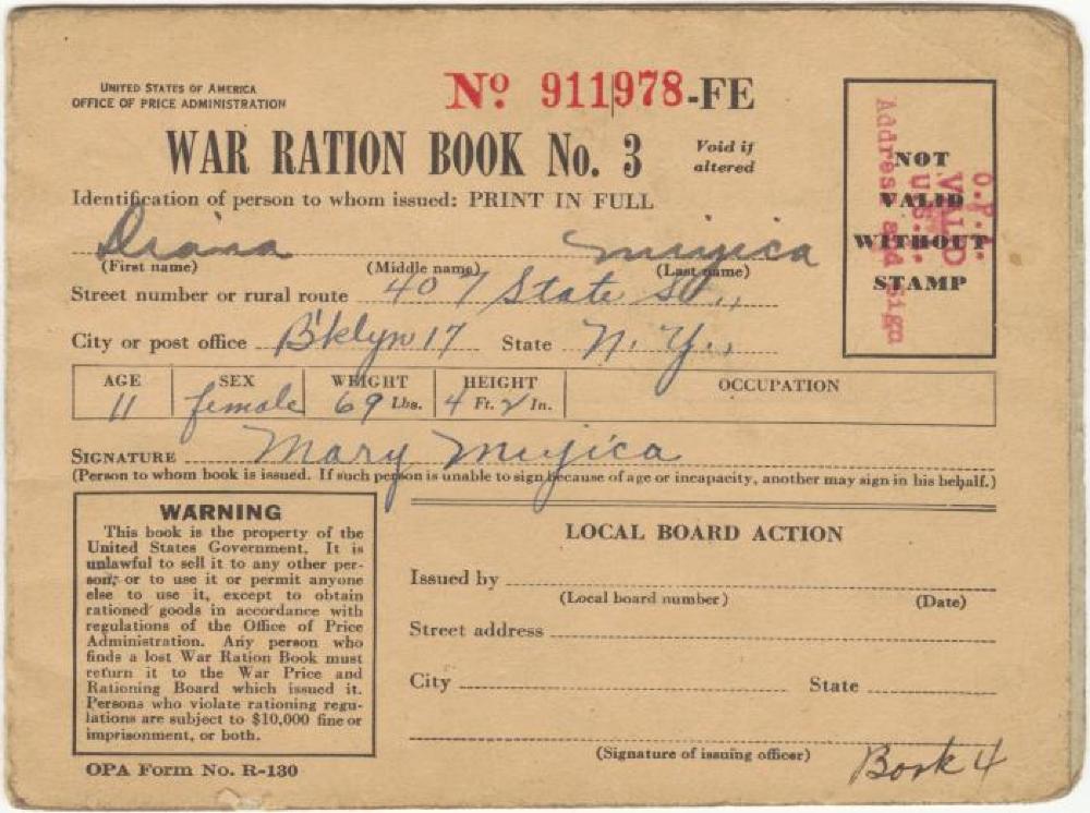 World War II Ration Book, Diana Mujica, ca. 1945 page 1