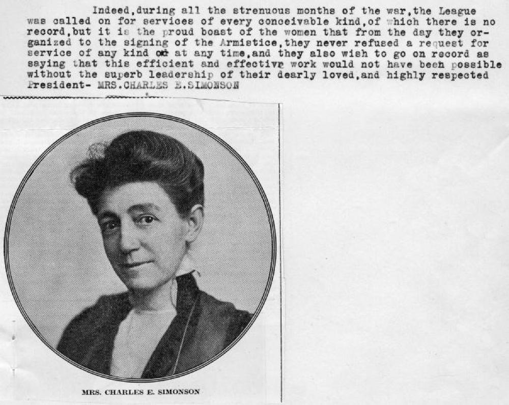 Mrs. Charles E. Simonson, President of a Support League, World War I, c. 1919 page 1