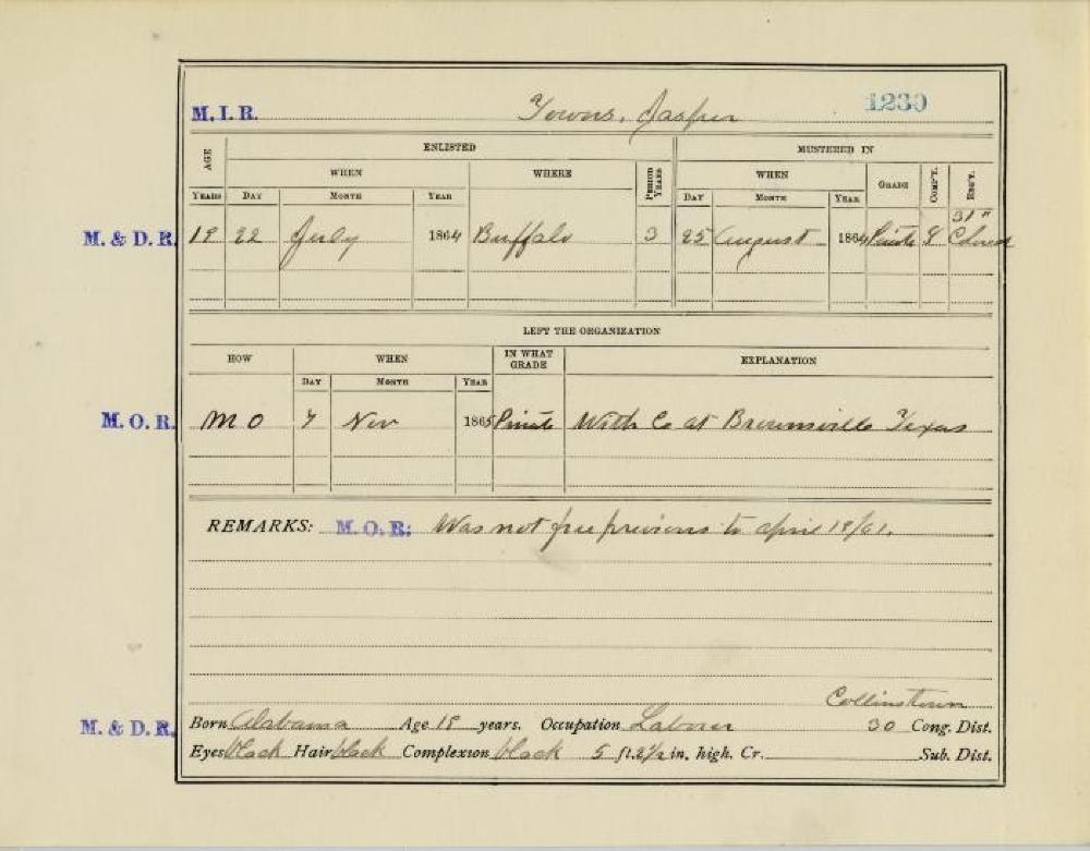 Muster Roll #1230 for Jasper Towns, Civil War, 1865 page 1