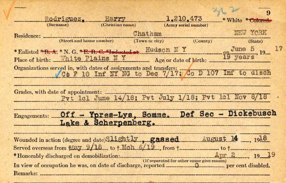 World War I Service Record for Harry Rodriguez, c. 1920 page 1