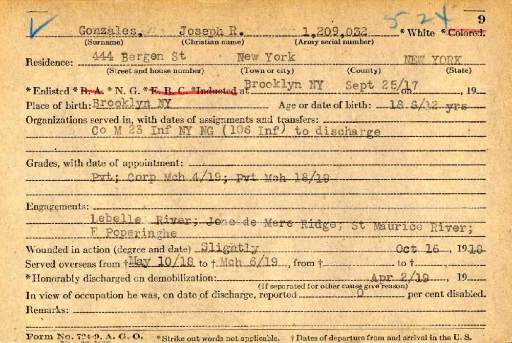 World War I Service Record for Joseph Gonzales, c. 1920 page 1