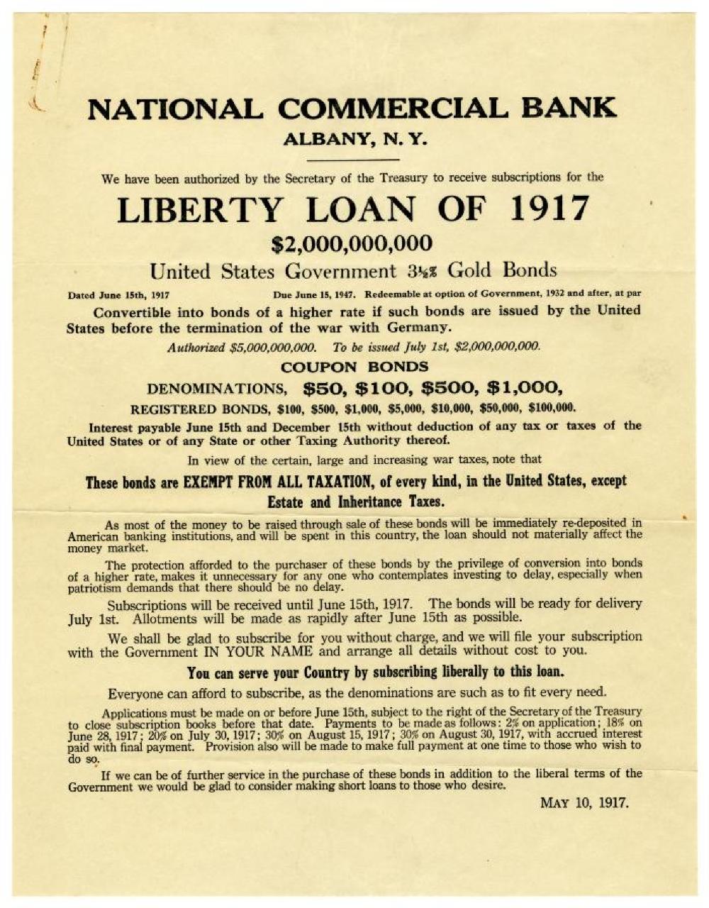 Liberty Loan Poster, World War I, Albany, NY, May 10, 1917 page 2