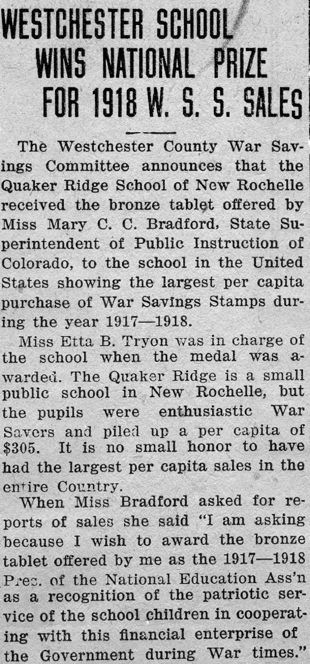 Westchester School Wins Prize for Selling Stamps, World War I, 1918 page 1