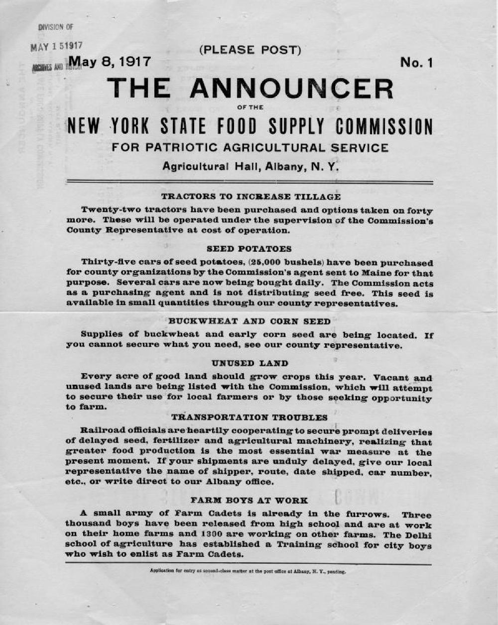 New York State Food Supply Commission Poster, May 8, 1917 page 1