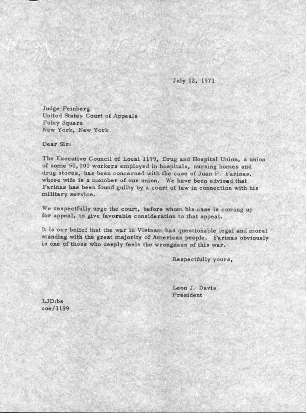 Letter to Judge Feinberg, Drug & Hospital Employees Union, Local 1199, 1971 page 1