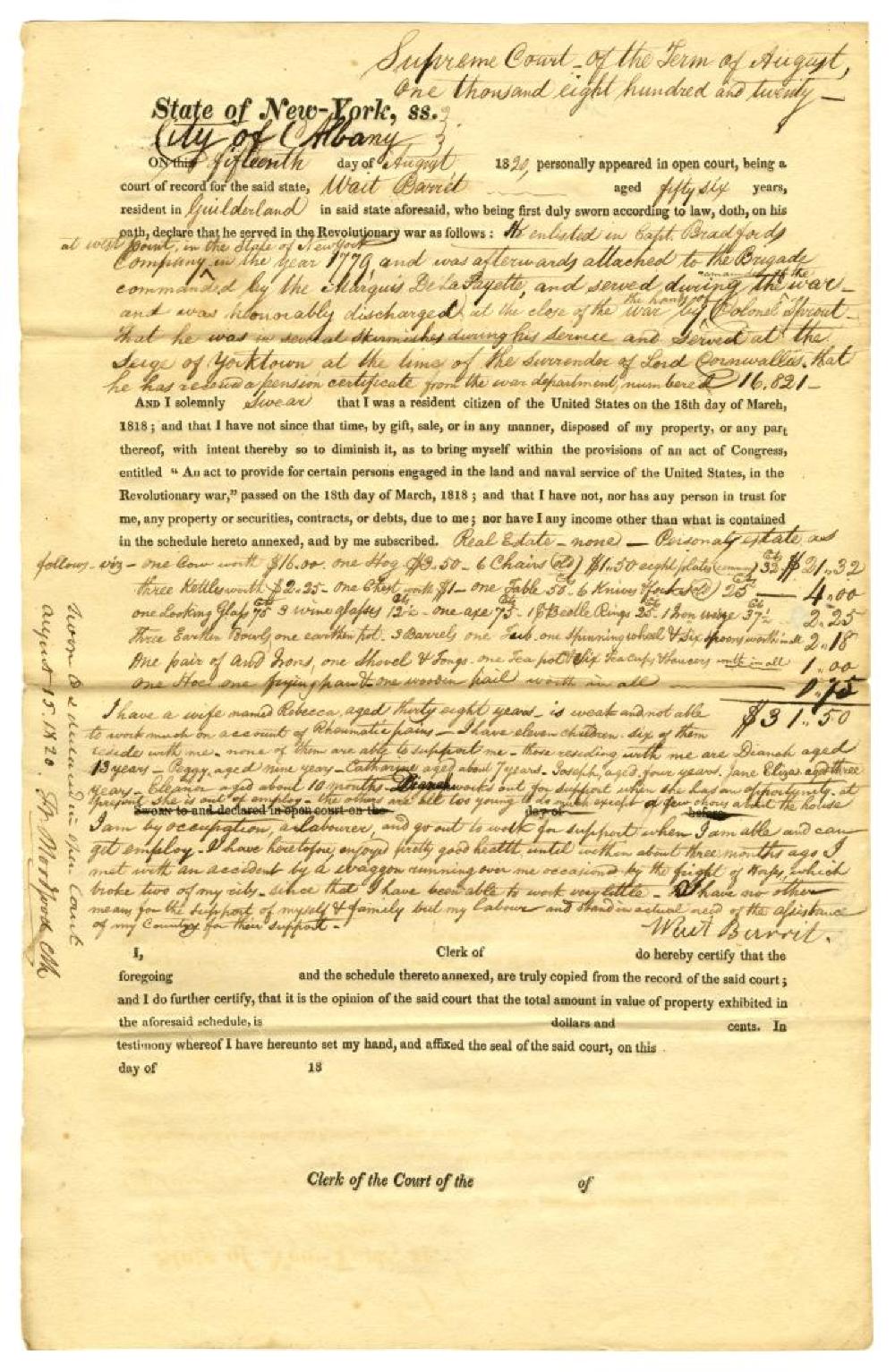 Affidavit of War Service of Wait Barret, August 15, 1820 page 1