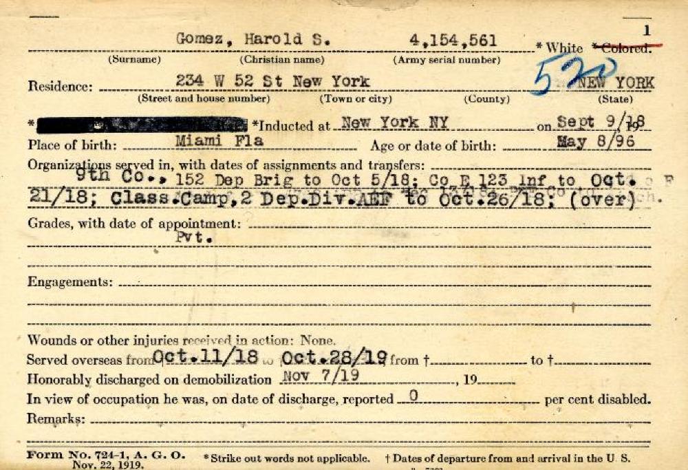 World War I Service Record for Harold Gomez, c.1919 page 1