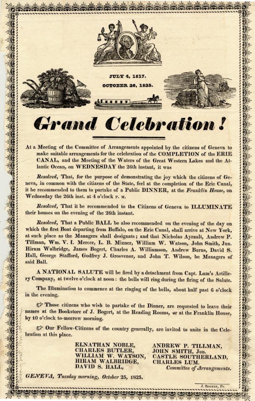 Detail of Erie Canal Celebration Broadside, Geneva, NY, 1825 page 1